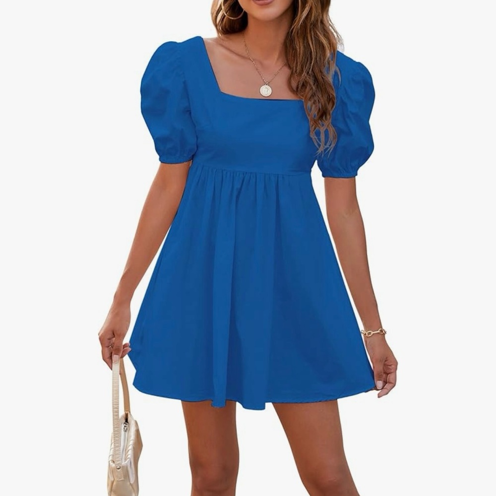 Womens Sexy Puffed Sleeve Backless Lace Up Babydoll Mini Dresses